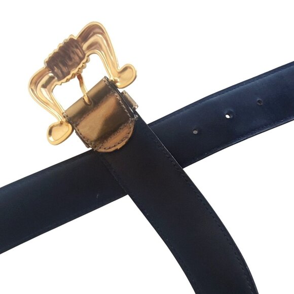 Vintage 80s Belt Womens Medium 34 Metallic Leather Brass Buckle Avignon Spain - Picture 8 of 11